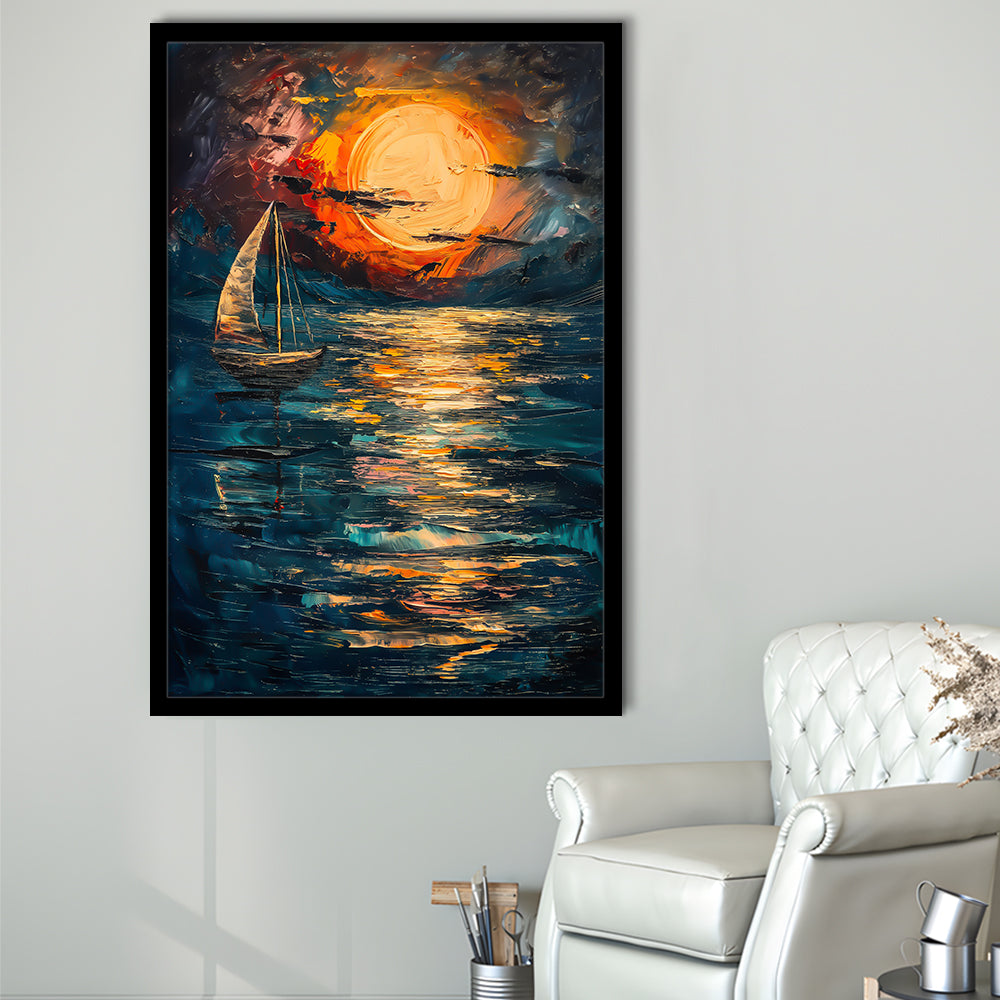 Sailing Board With Moon Reflection On The Water, Framed Picture Print,, Framed Art Prints Wall Decor