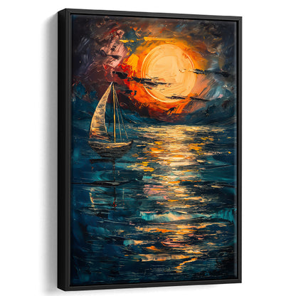 Sailing Board With Moon Reflection On The Water, Floating Framed Canvas Art Print,, Framed Canvas Prints Wall Art