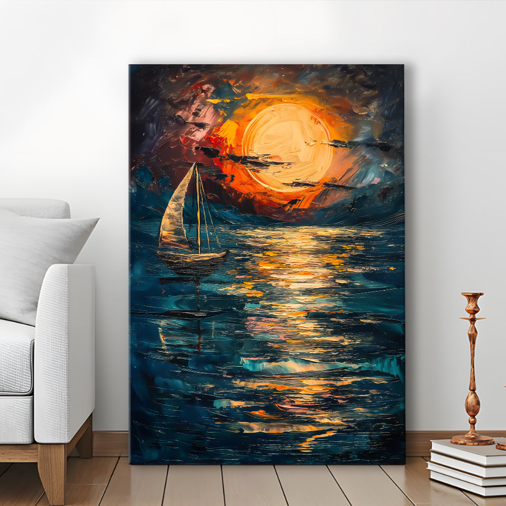 Sailing Board With Moon Reflection On The Water, Canvas Art Print Decor, Painting Art, Canvas Prints Wall Art