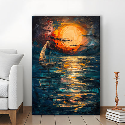 Sailing Board With Moon Reflection On The Water, Canvas Art Print Decor, Painting Art, Canvas Prints Wall Art