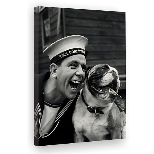 Sailor and Bulldog Smiling Canvas Print Wall Art, Vintage English Bulldog Art, Black and White, Retro Wall Decor