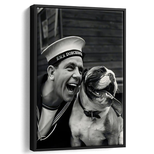 Sailor and Bulldog Smiling Framed Canvas Print Wall Art, Vintage English Bulldog Art, Black and White