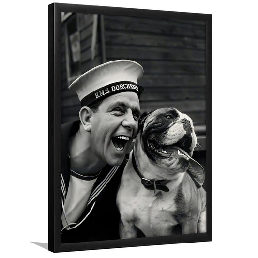 Sailor and Bulldog Smiling Framed Art Print Wall Decor, Vintage English Bulldog Art, Black and White