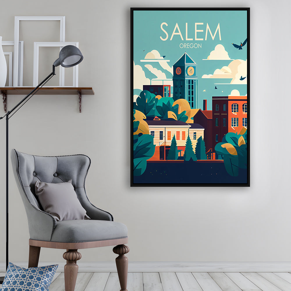 Salem Oregon Retro Art Print, Salem City Wall Art, Floating Framed Canvas Print, Framed Picture, Painting Canvas
