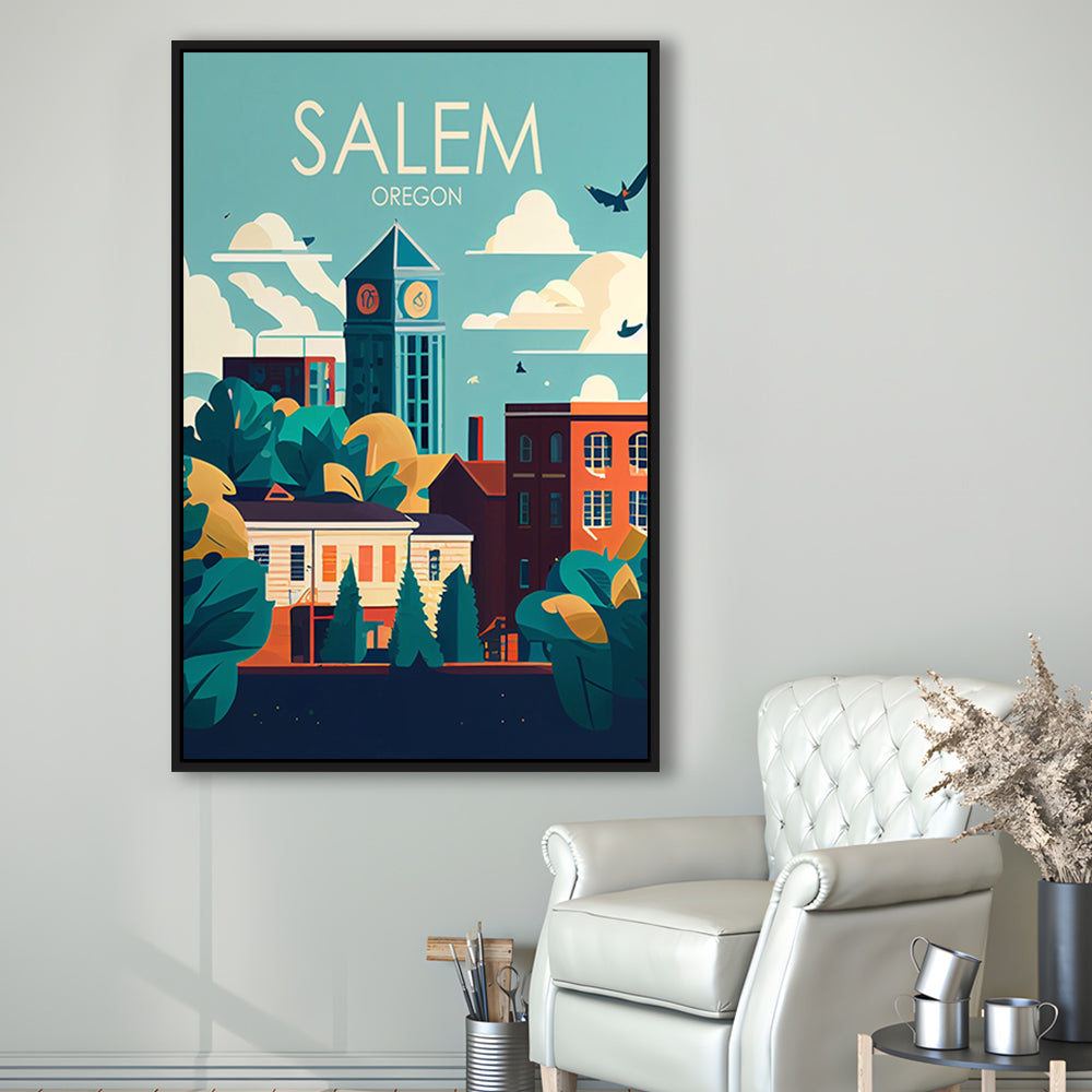 Salem Oregon Retro Art Print, Salem City Wall Art, Floating Framed Canvas Print, Framed Picture, Painting Canvas
