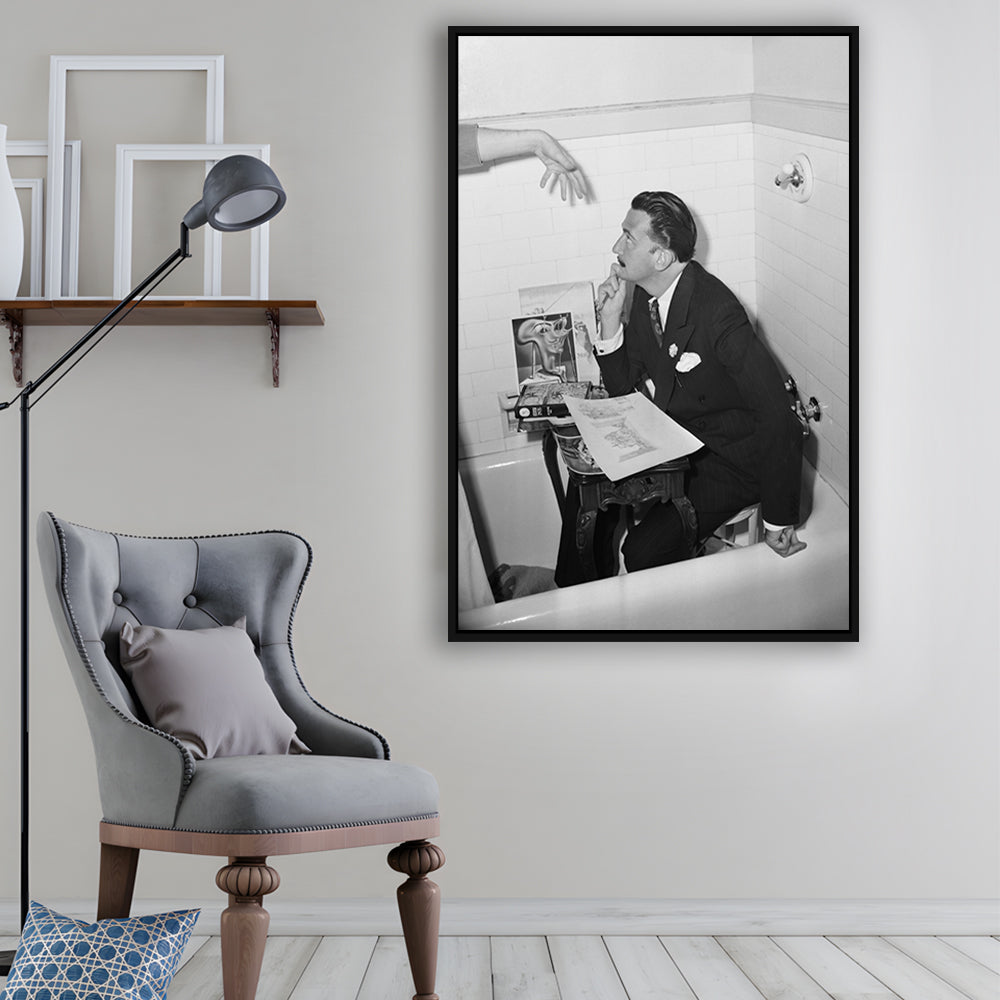 Salvador Dali Black and White Art Famous Surrealist Painter, Floating Framed Canvas Print