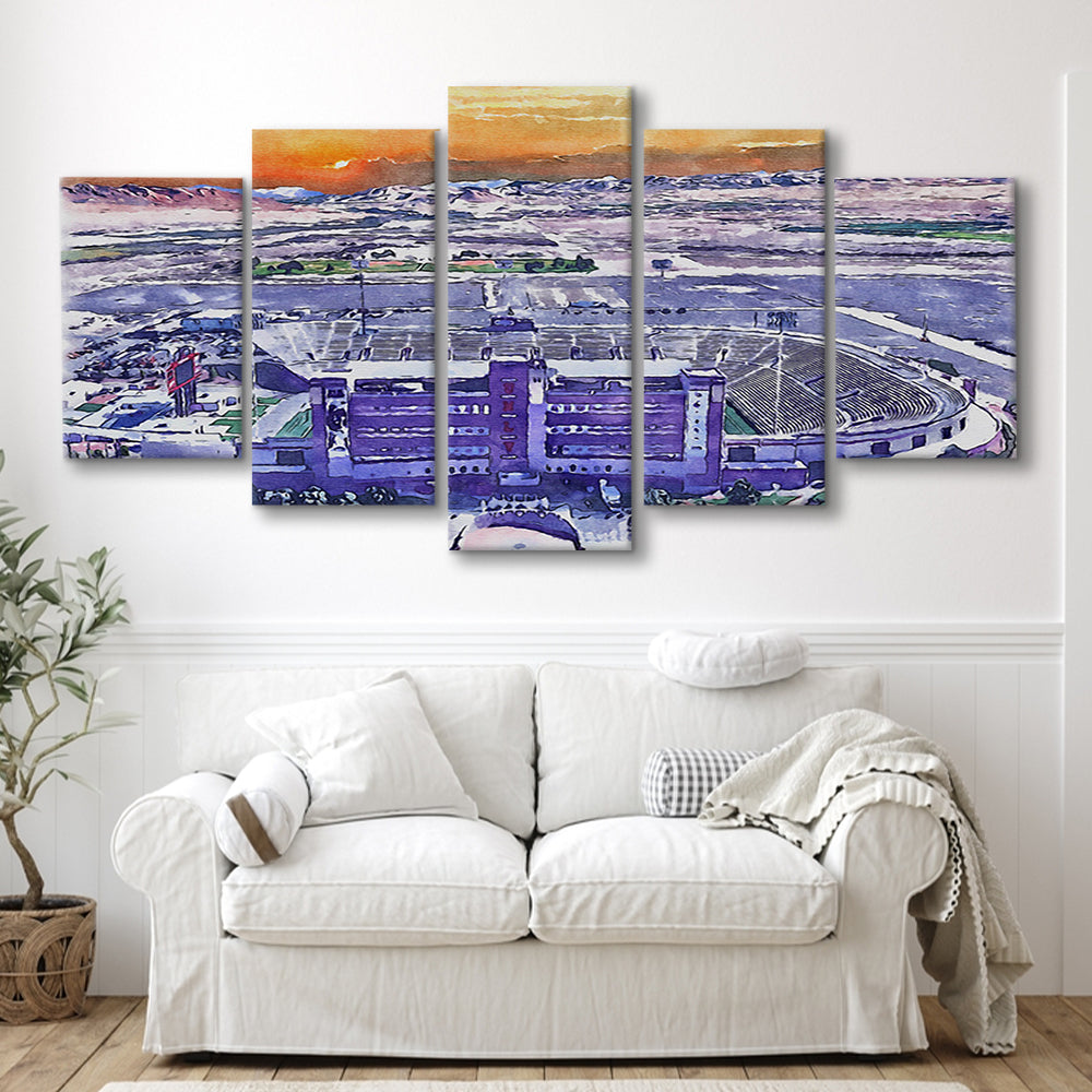 Sam Boyd Painting Stadium Watercolor, Clark County Nevada Watercolor, Sport Art, Mixed 5 Panel, Canvas Print Wall Art