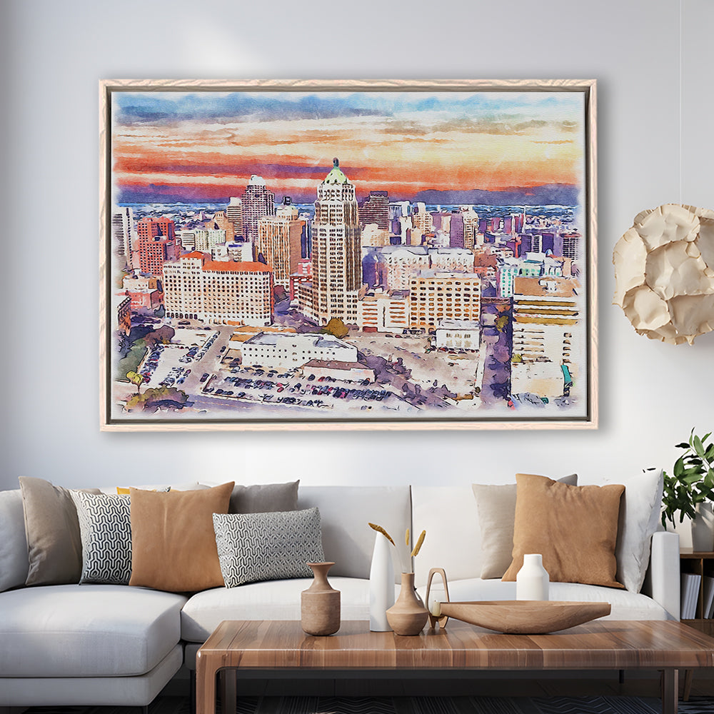 San Antonio Painting Watercolor, San Antonio Texas, Sport Gift Art, Framed Canvas Print Wall Art