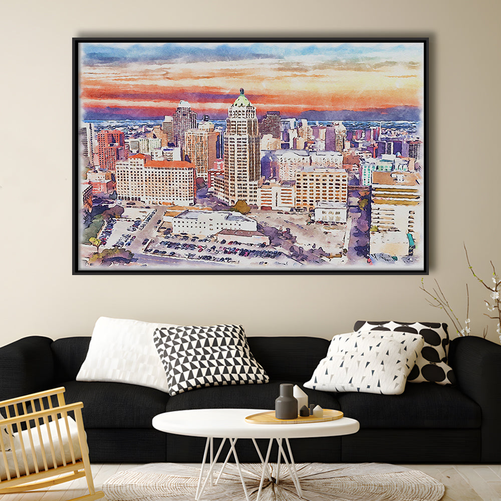 San Antonio Painting Watercolor, San Antonio Texas, Sport Gift Art, Framed Canvas Print Wall Art