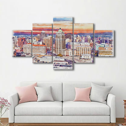 San Antonio Painting Watercolor, San Antonio Texas, Sport Art, Mixed 5 Panel, Canvas Print Wall Art