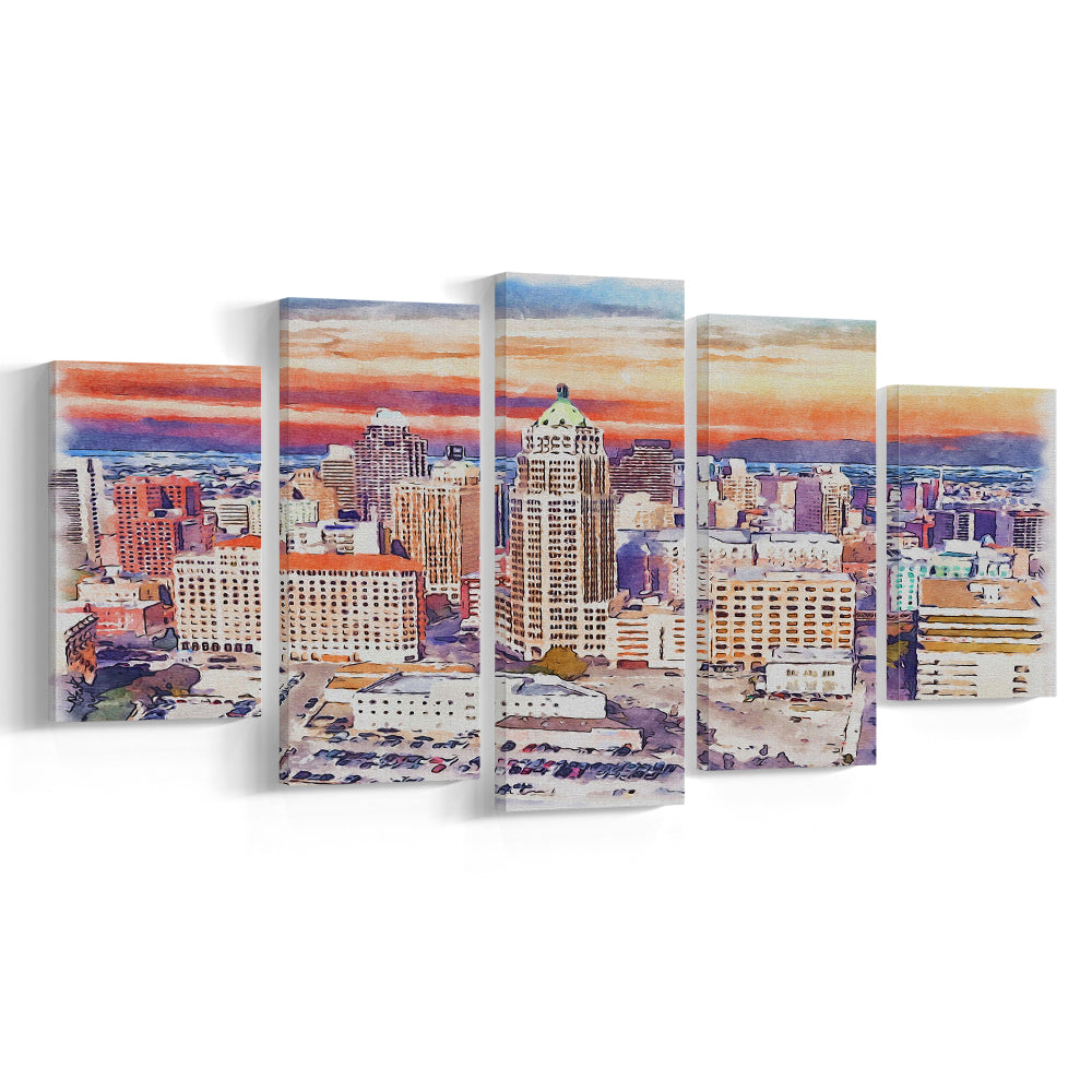 San Antonio Painting Watercolor, San Antonio Texas, Sport Art, Mixed 5 Panel, Canvas Print Wall Art