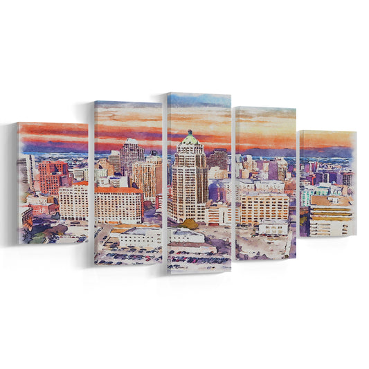 San Antonio Painting Watercolor, San Antonio Texas, Sport Art, Mixed 5 Panel, Canvas Print Wall Art