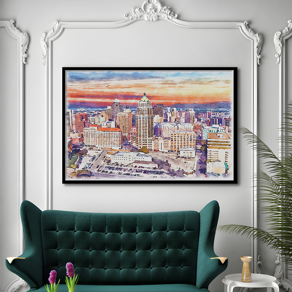 San Antonio Painting Watercolor, San Antonio Texas, Sport Gift Art, Framed Art Print Wall Decor