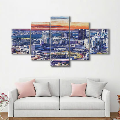 San Diego Padres Painting Canvas, Petco Park Watercolor, Sport Art, Mixed 5 Panel, Canvas Print Wall Art