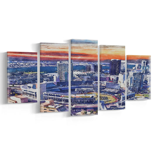 San Diego Padres Painting Canvas, Petco Park Watercolor, Sport Art, Mixed 5 Panel, Canvas Print Wall Art