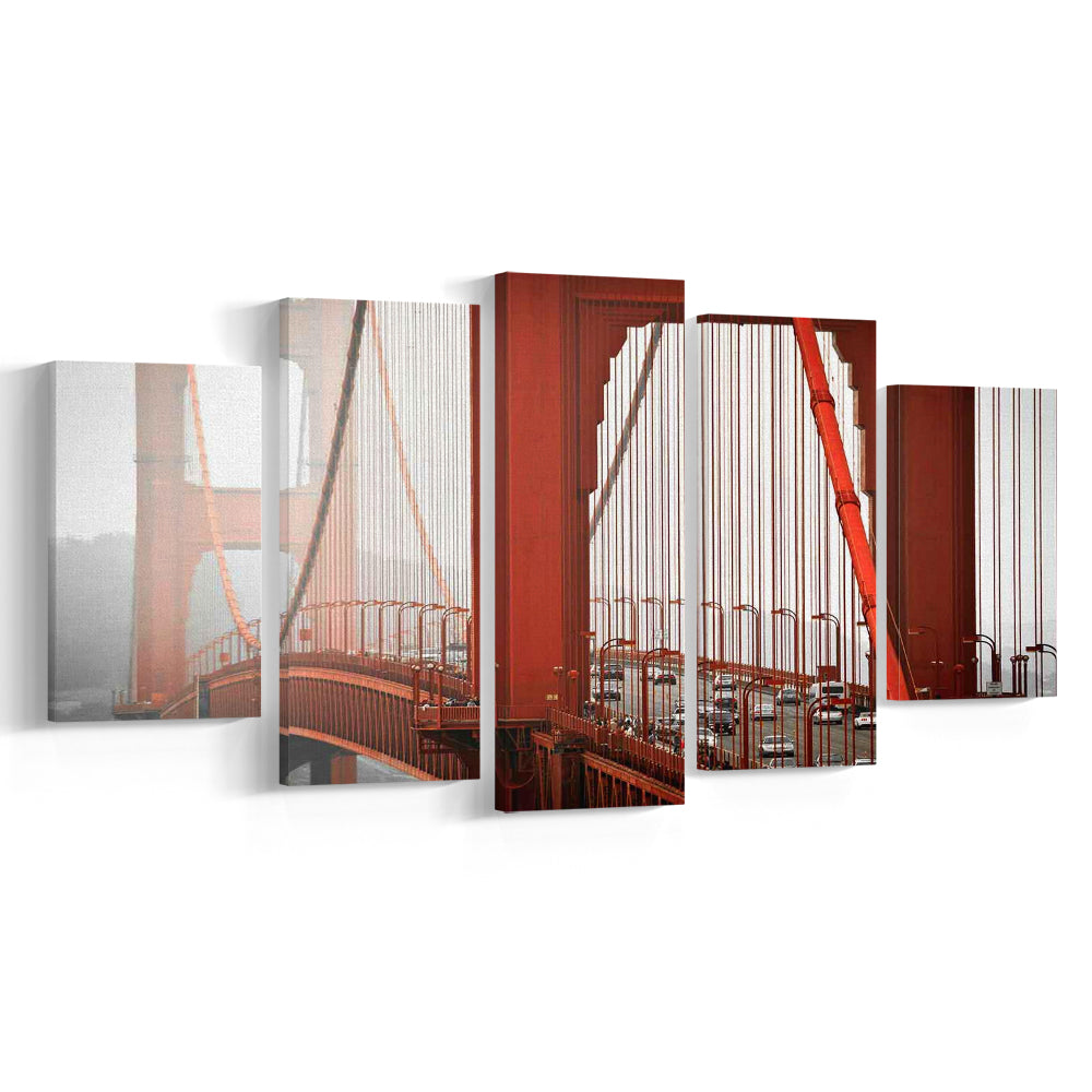 San Francisco California Wall Art,Bright Canvas Print,Golden Gate Bridge Photo, 5 Piece Large Cavas Print Wall Art