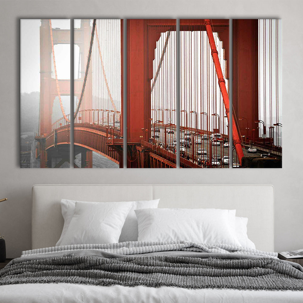San Francisco California Wall Art,Bright Canvas Print,Golden Gate Bridge Photo, 5 Piece B Extra Large Cavas Print Wall Art