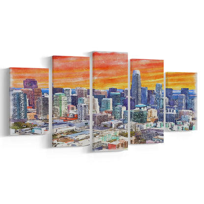 San Francisco Watercolor Painting Canvas, San Francisco California, Sport Art, Mixed 5 Panel, Canvas Print Wall Art
