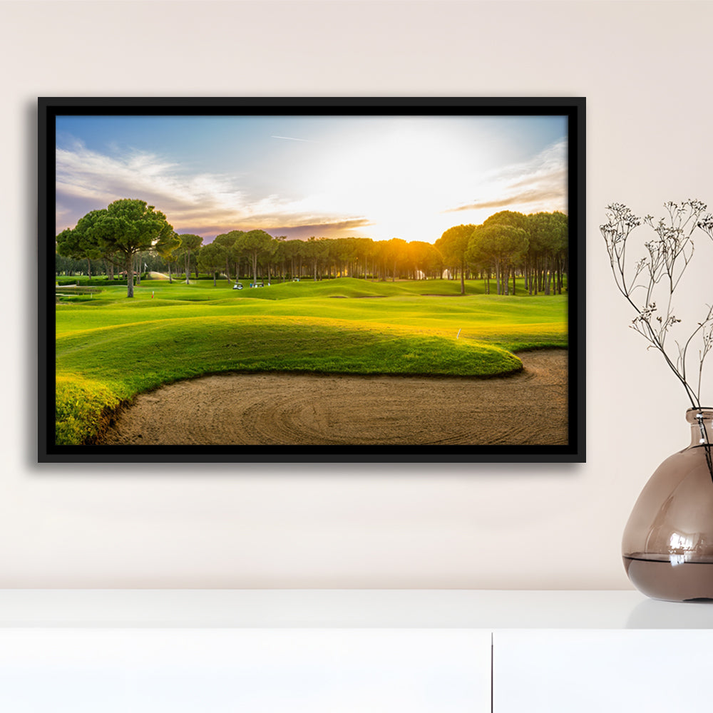 Sand Bunker On A Golf Course During Sunset Belek Turkey, Floating Framed Canvas Print Wall Art