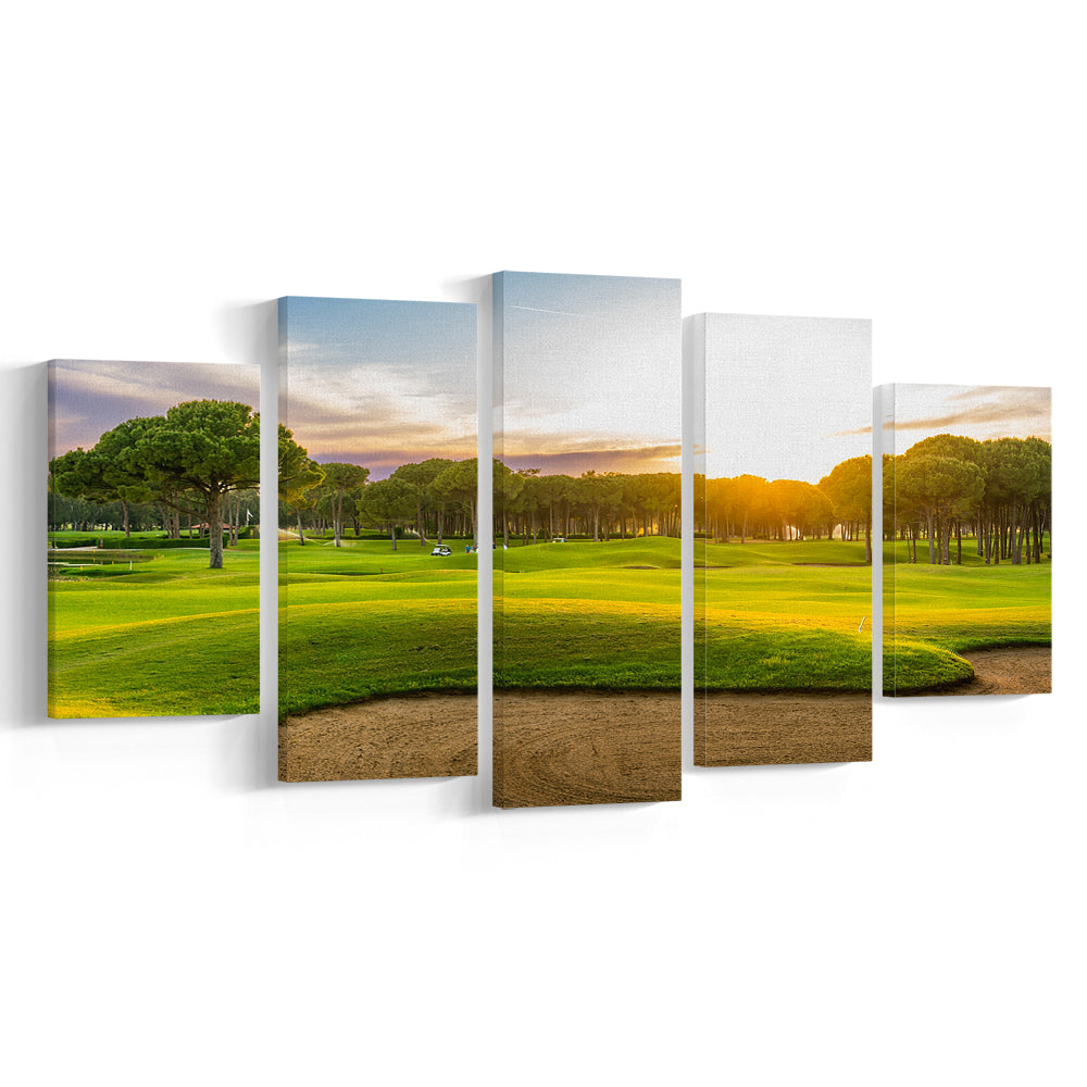 Sand Bunker On A Golf Course During Sunset Belek Turkey, Golf Art Print, 5 Pieces Mixed Canvas Print Wall Art
