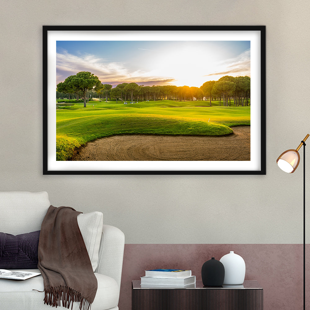 Sand Bunker On A Golf Course During Sunset Belek Turkey, Goft Art Print, Framed Art Print White Border Wall Decor