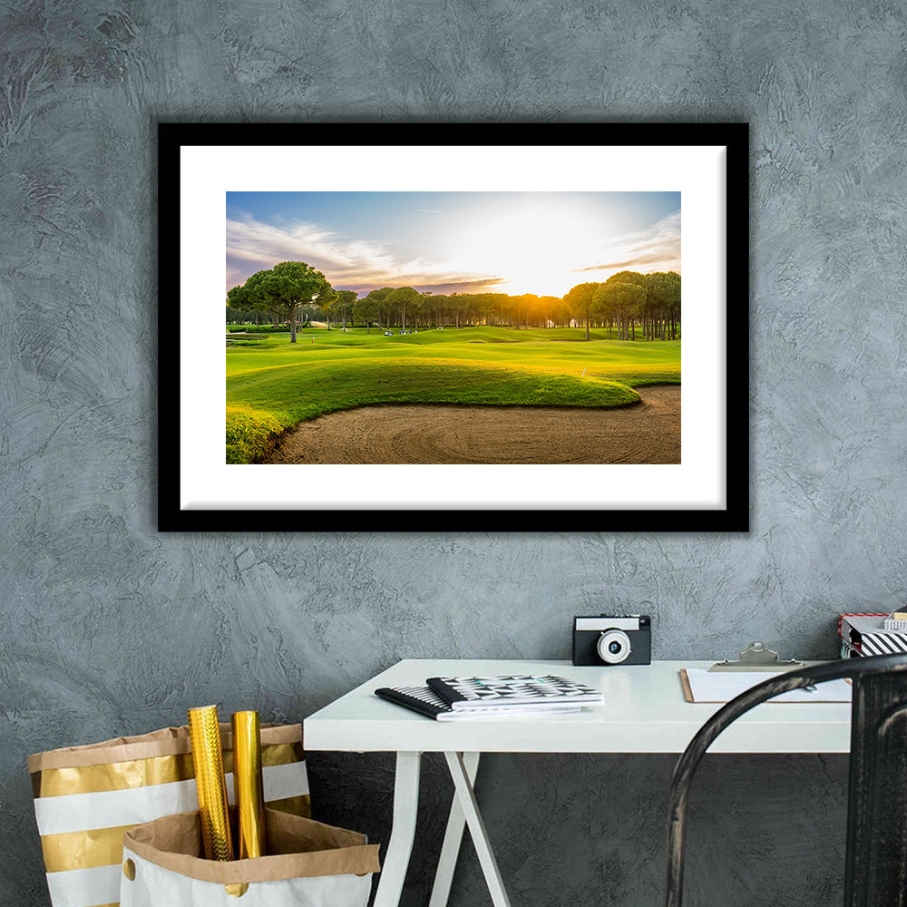 Sand Bunker On A Golf Course During Sunset Belek Turkey, Goft Art Print, Framed Art Print White Border Wall Decor