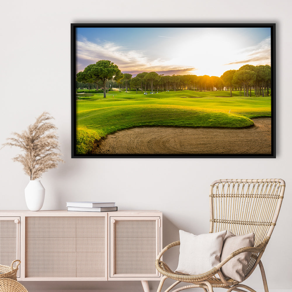 Sand Bunker On A Golf Course During Sunset Belek Turkey, Floating Framed Canvas Print Wall Art