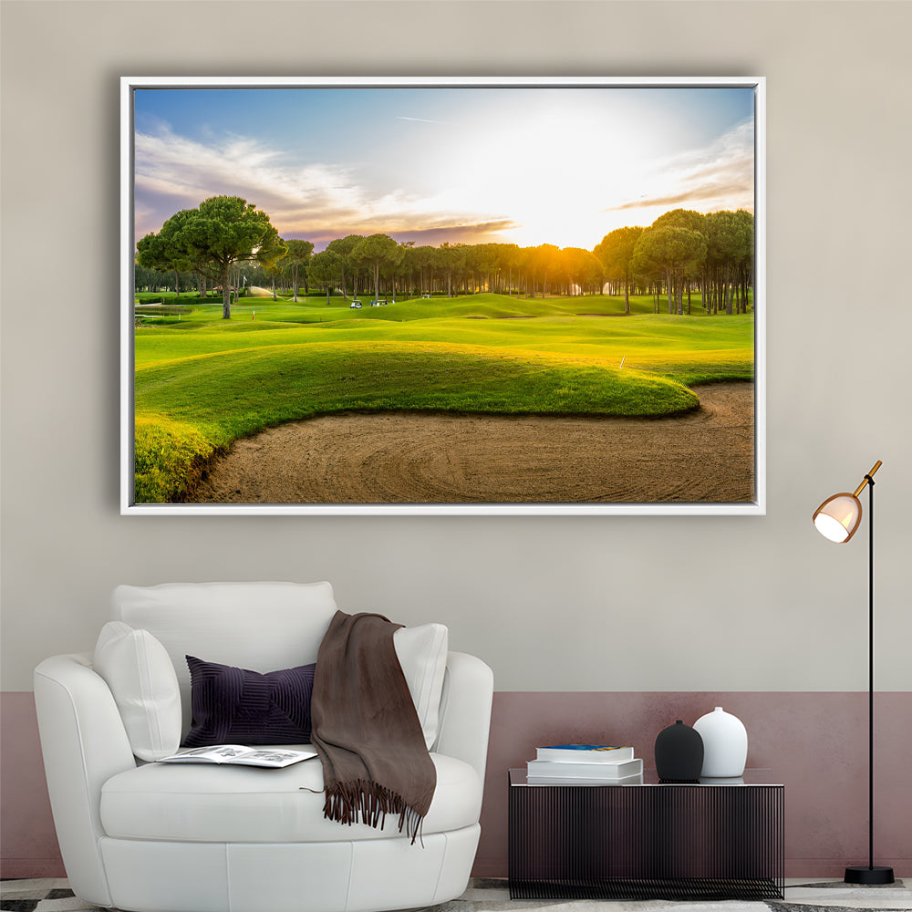 Sand Bunker On A Golf Course During Sunset Belek Turkey, Floating Framed Canvas Print Wall Art