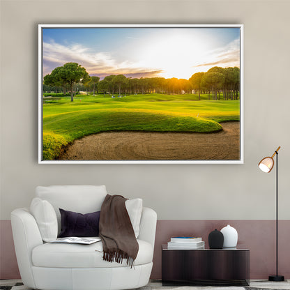 Sand Bunker On A Golf Course During Sunset Belek Turkey, Floating Framed Canvas Print Wall Art