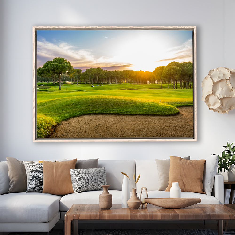 Sand Bunker On A Golf Course During Sunset Belek Turkey, Floating Framed Canvas Print Wall Art