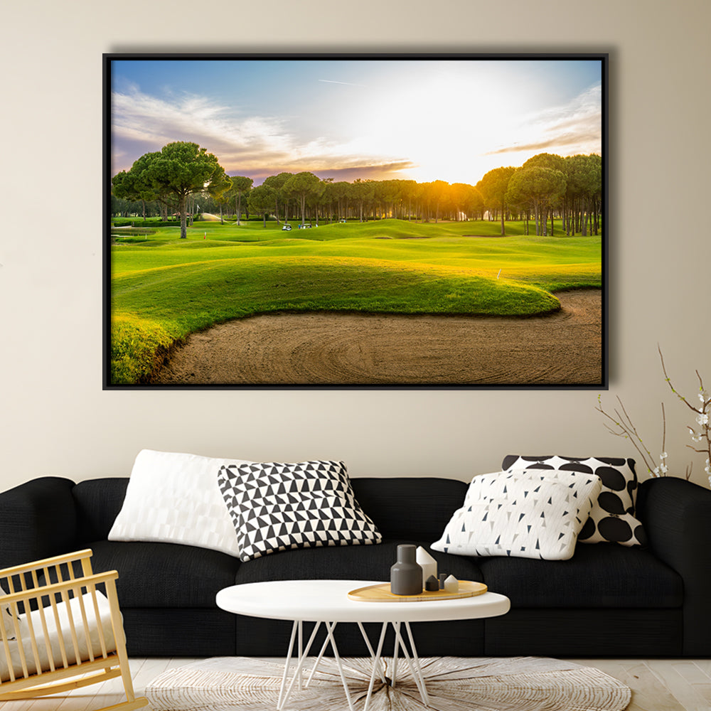 Sand Bunker On A Golf Course During Sunset Belek Turkey, Floating Framed Canvas Print Wall Art
