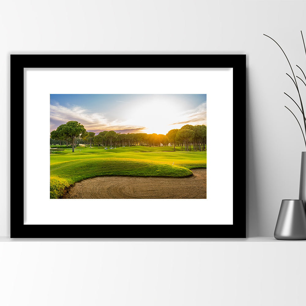Sand Bunker On A Golf Course During Sunset Belek Turkey, Goft Art Print, Framed Art Print White Border Wall Decor