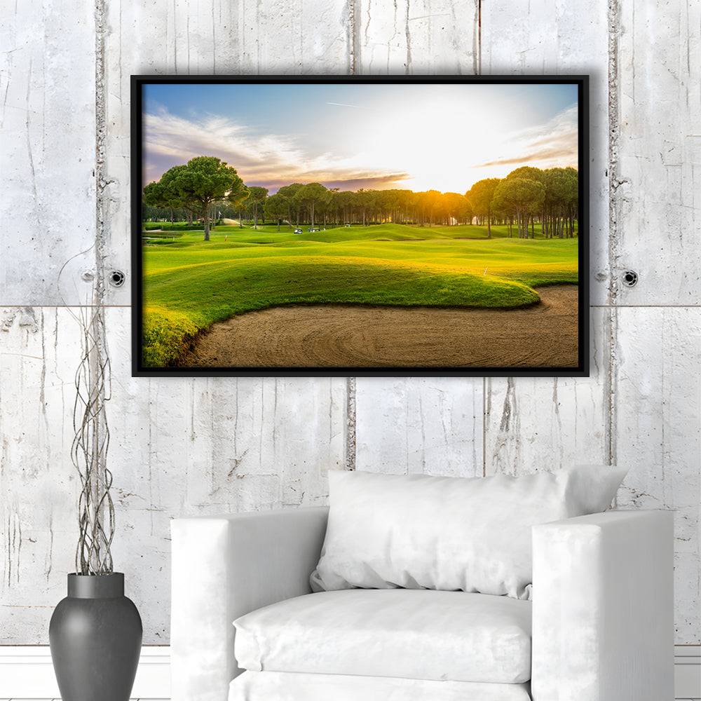 Sand Bunker On A Golf Course During Sunset Belek Turkey, Floating Framed Canvas Print Wall Art