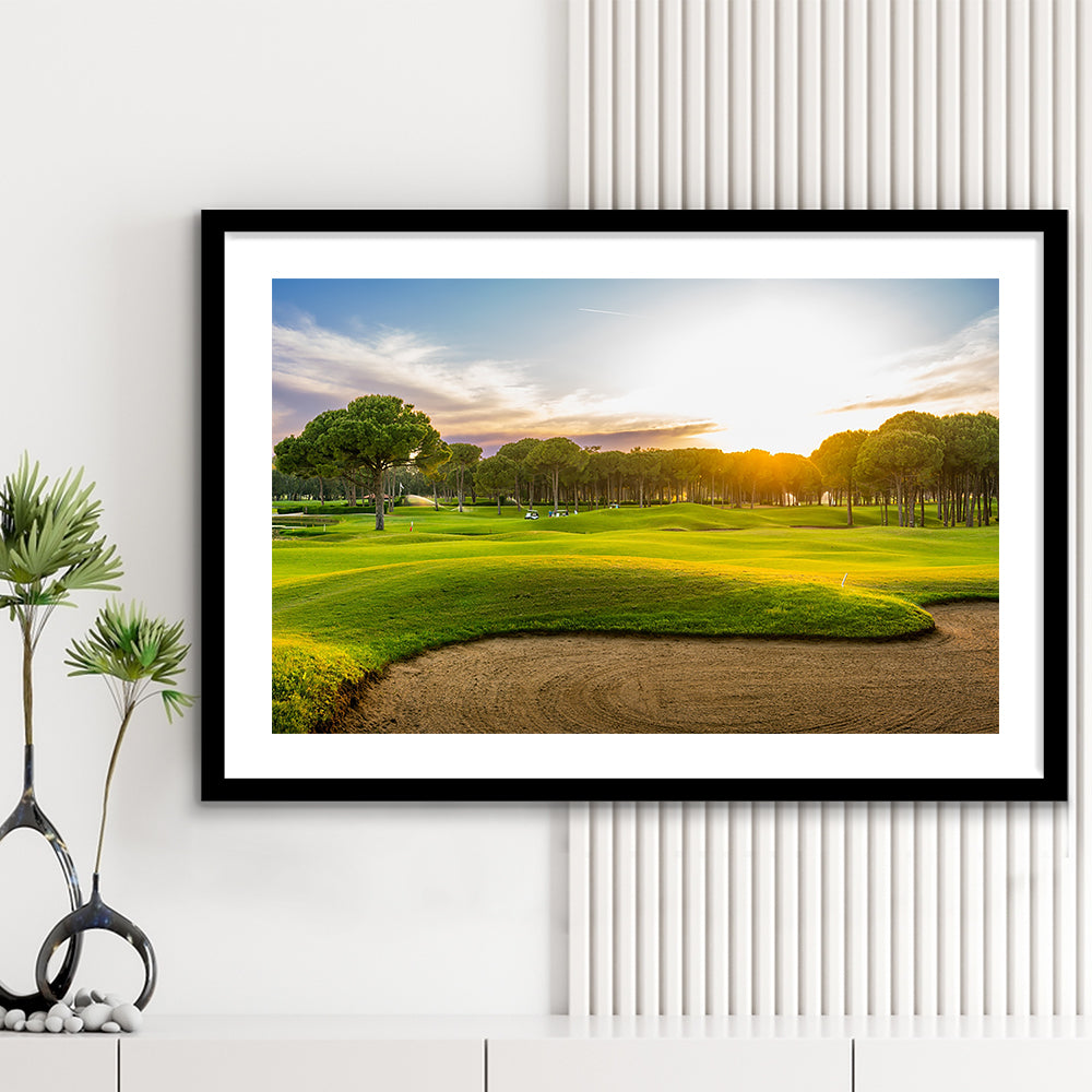 Sand Bunker On A Golf Course During Sunset Belek Turkey, Goft Art Print, Framed Art Print White Border Wall Decor