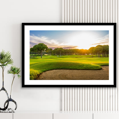 Sand Bunker On A Golf Course During Sunset Belek Turkey, Goft Art Print, Framed Art Print White Border Wall Decor