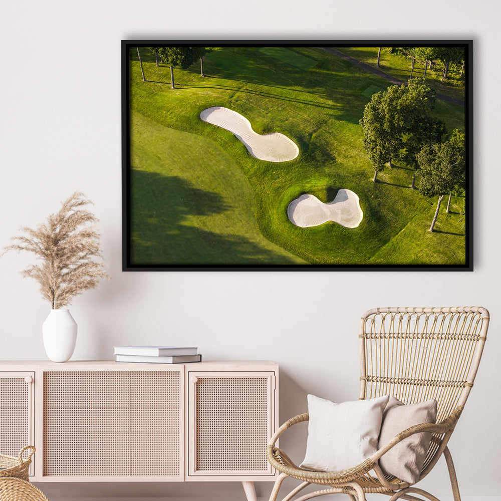 Sand Pits On A Golf Course From Above, Floating Framed Canvas Print Wall Art