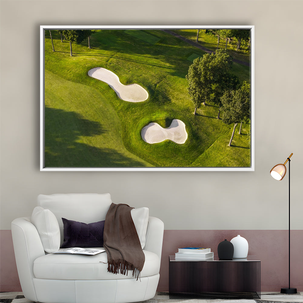 Sand Pits On A Golf Course From Above, Floating Framed Canvas Print Wall Art