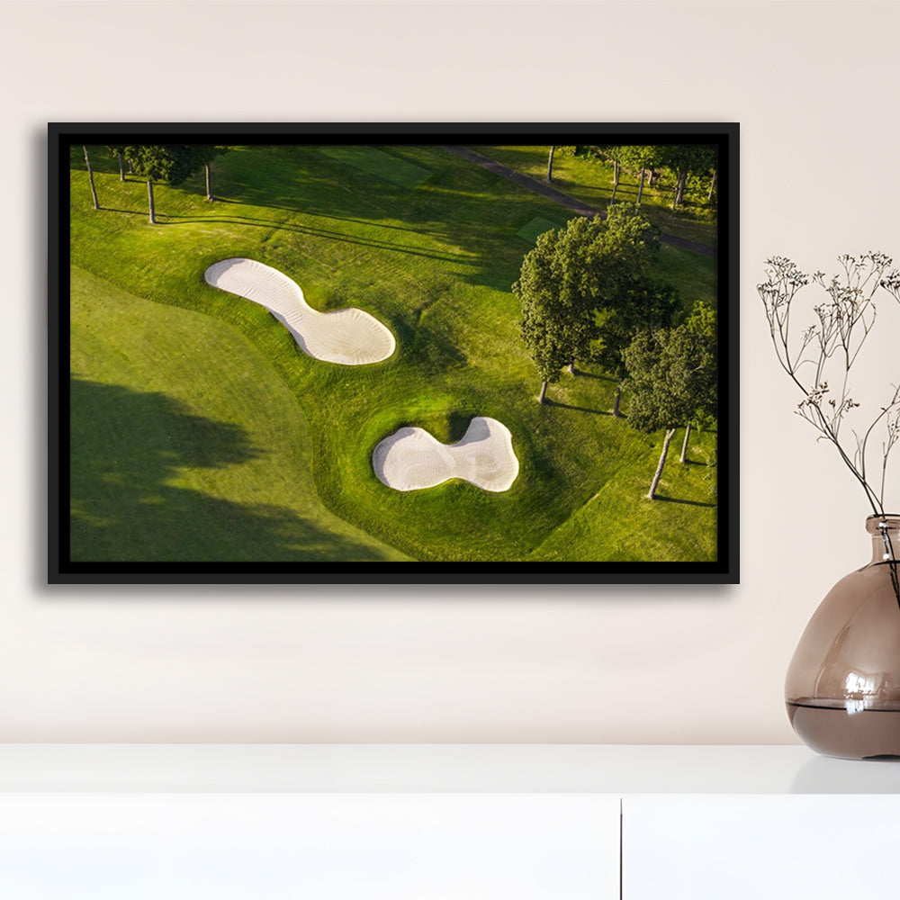 Sand Pits On A Golf Course From Above, Floating Framed Canvas Print Wall Art