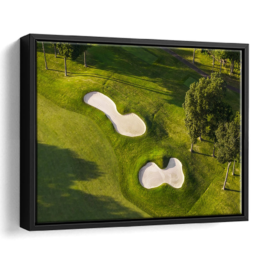 Sand Pits On A Golf Course From Above, Floating Framed Canvas Print Wall Art