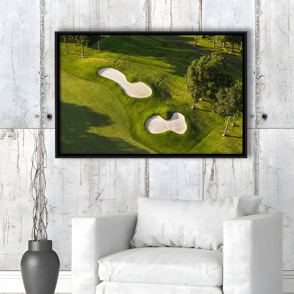 Sand Pits On A Golf Course From Above, Floating Framed Canvas Print Wall Art