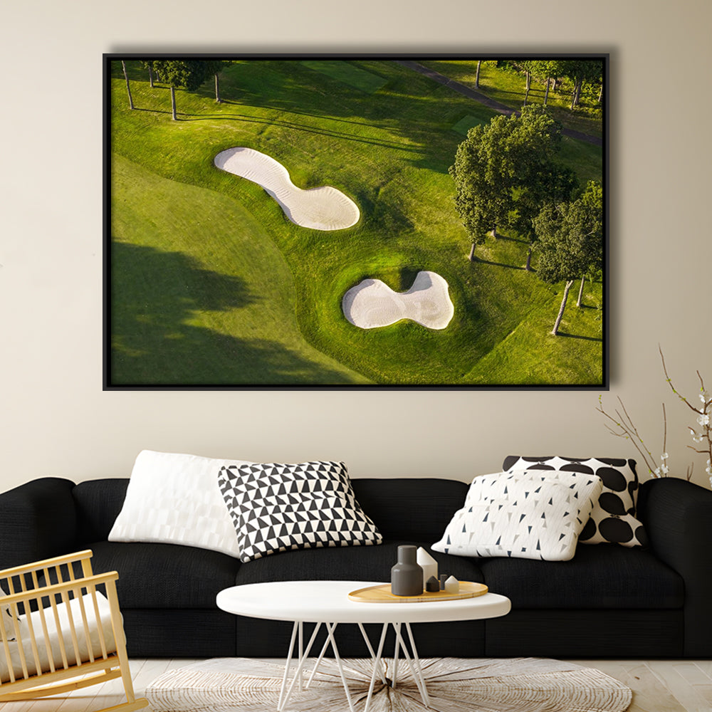 Sand Pits On A Golf Course From Above, Floating Framed Canvas Print Wall Art