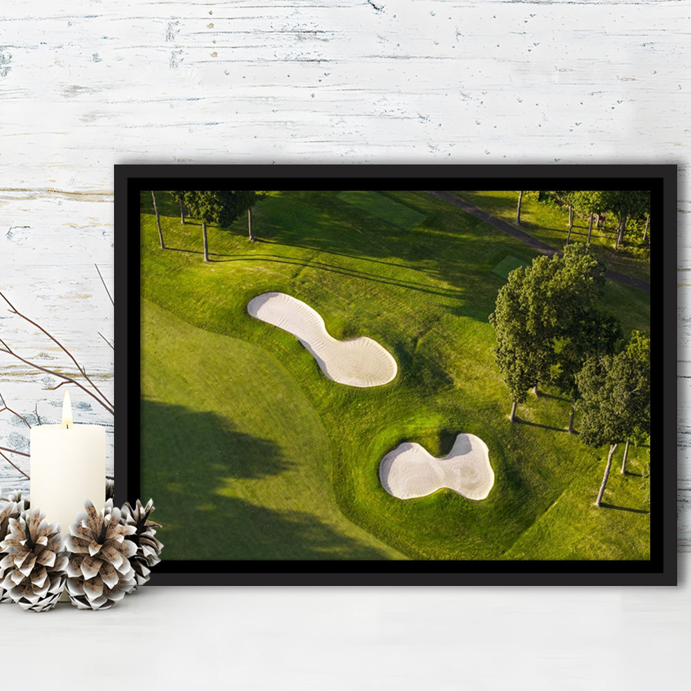 Sand Pits On A Golf Course From Above, Floating Framed Canvas Print Wall Art
