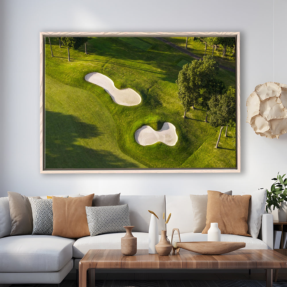 Sand Pits On A Golf Course From Above, Floating Framed Canvas Print Wall Art