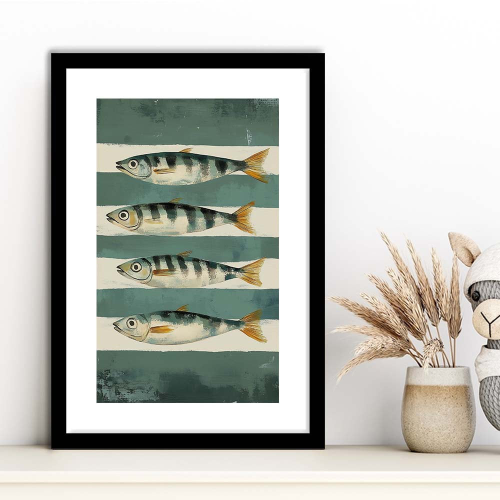 Sardines Fish Oil Painted Print, Retro Modern Food Home Decor Art Print, Framed Art Print, White Border
