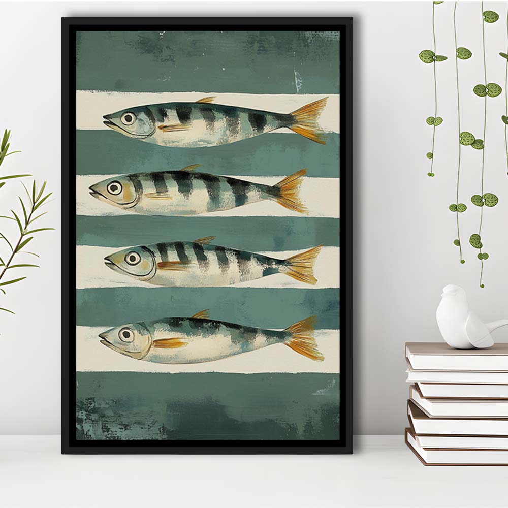 Sardines Fish Oil Painted Print, Retro Modern Food Home Decor Art Print, Framed Canvas Print, Floating Frame