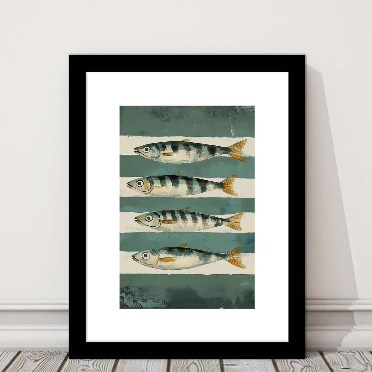 Sardines Fish Oil Painted Print, Retro Modern Food Home Decor Art Print, Framed Art Print, White Border