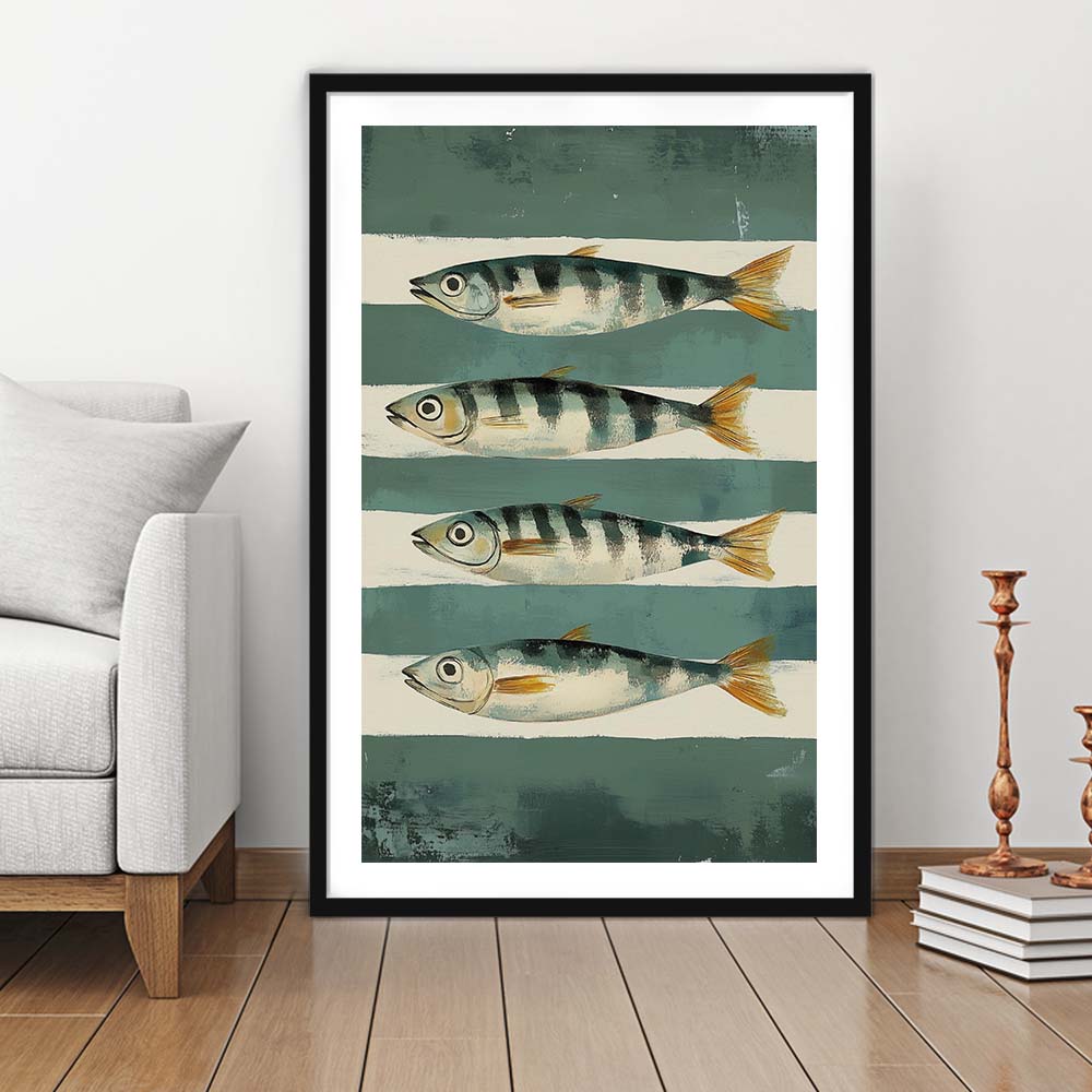 Sardines Fish Oil Painted Print, Retro Modern Food Home Decor Art Print, Framed Art Print, White Border