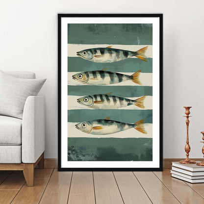 Sardines Fish Oil Painted Print, Retro Modern Food Home Decor Art Print, Framed Art Print, White Border