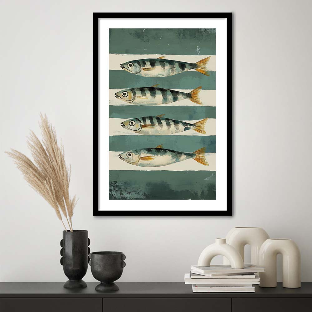Sardines Fish Oil Painted Print, Retro Modern Food Home Decor Art Print, Framed Art Print, White Border