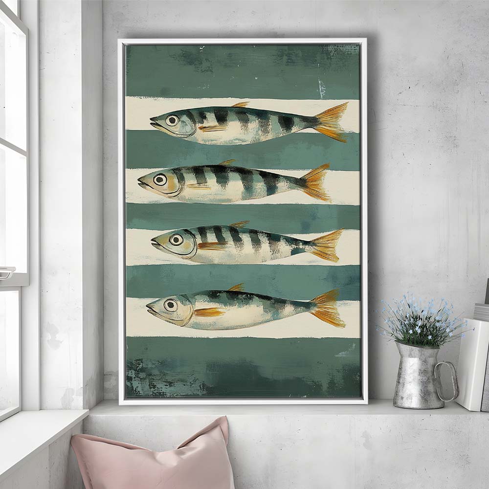 Sardines Fish Oil Painted Print, Retro Modern Food Home Decor Art Print, Framed Canvas Print, Floating Frame
